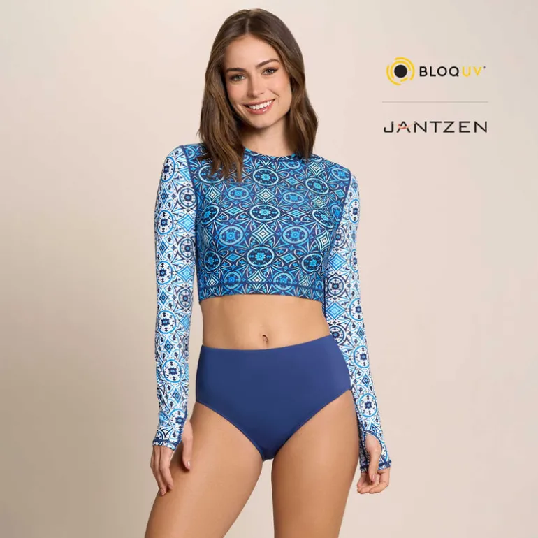 Jantzen MOROCCAN TILES CROPPED SWIM RASH GUARD TEE TOP^ Uv Apparel|Perfect Prints