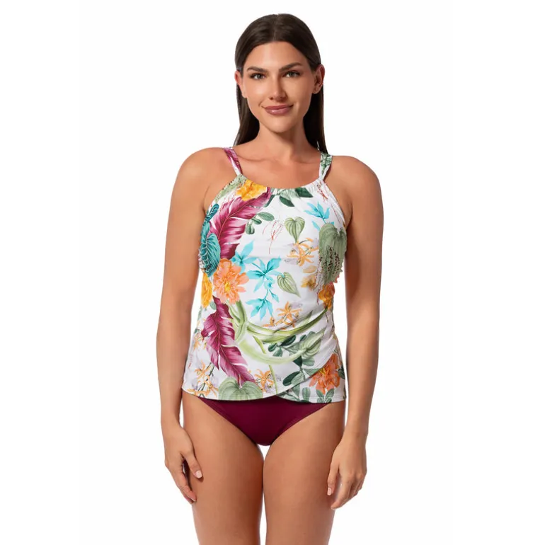 Jantzen MYSTIC TROPIC AUDREY DRAPED TANKINI TOP^ Floral Print Suits|Perfect Prints